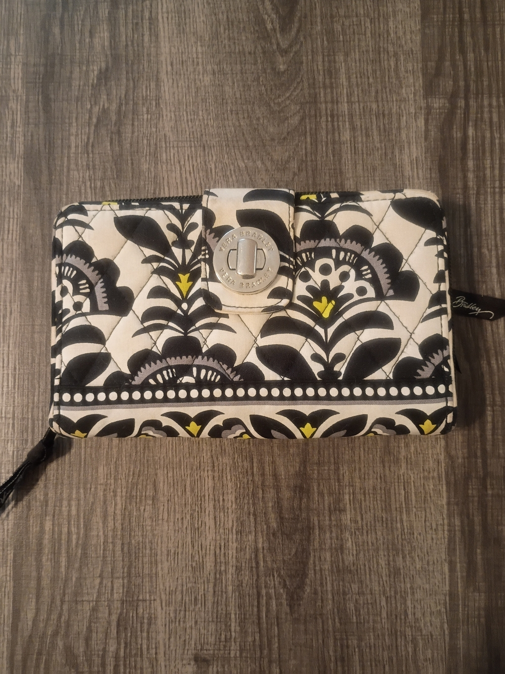 Vera Bradley Black & White Quilted Zip Wallet with Yellow Accents - Picture 1 of 5